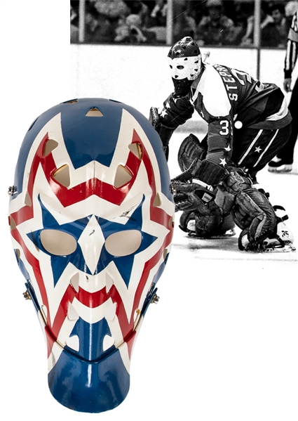 Wayne Stephensons Late-1970s/Early-1980s Washington Capitals Fibreglass Goalie Mask by Greg Harrison with His Signed LOA