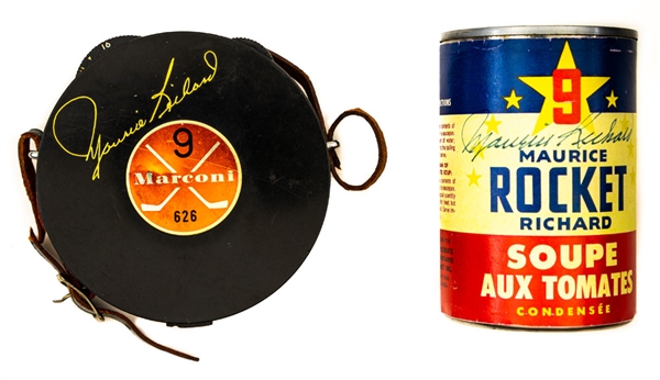 1960s Maurice "Rocket" Richard Marconi "626 Career Goals" Puck-Shaped Transistor Radio Plus Signed "Rocket" Richard Tomato Soup Replica Can