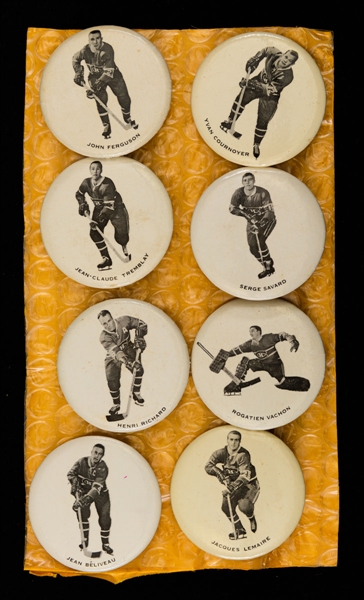 Montreal Canadiens 1970-72 Pinback Button Collection of 8 Including Beliveau, Cournoyer, Savard, Lemaire and Henri Richard