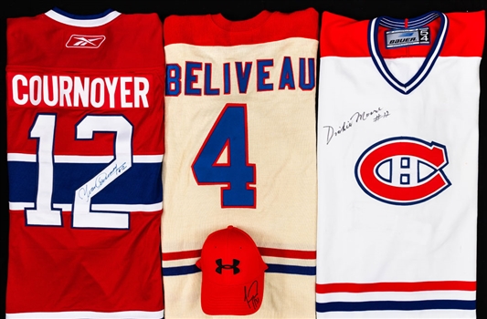 HOFers Dickie Moore and Yvan Cournoyer Signed Montreal Canadiens Jerseys, Carey Price Signed Under Armour Cap (JSA COA) and Jean Beliveau Montreal Canadiens Heritage Jersey