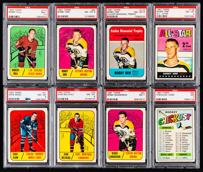 1967-68 Topps Hockey Complete 132-Card Set Including 22 PSA-Graded Cards (All Graded PSA NM 7 or Better) - Includes Bobby Orr Cards #92, #118 and #128 (Each Graded PSA NM-MT 8)