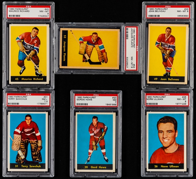 1960-61 Parkhurst Hockey Cards (19) with PSA-Graded Cards (6) Including #20 Howe (NM 7), #31 Sawchuk (NM+ 7.5), #45 M. Richard (NM-MT 8), #49 Beliveau (NM-MT 8) and #53 Plante (NM-MT 8)