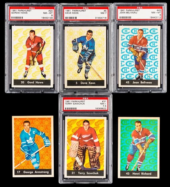 1961-62 Parkhurst Hockey Cards (6) with PSA-Graded Cards (4) Including #5 Dave Keon Rookie (NM 7), #20 Gordie Howe (NM-MT 8), #31 Terry Sawchuk (NM+ 7.5) and #45 Jean Beliveau (NM-MT 8)