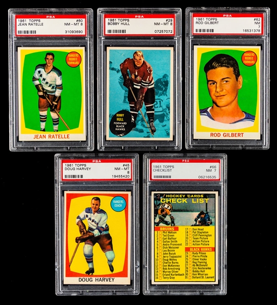 1961-62 Topps Hockey PSA-Graded Cards (5) Including #29 Bobby Hull (NM-MT 8), #45 Doug Harvey (NM-MT 8), #60 Jean Ratelle Rookie (NM-MT 8), #62 Rod Gilbert Rookie (NM 7) and #66 Checklist (NM 7)