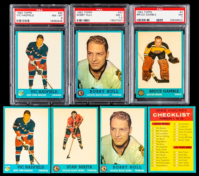 1962-63 Topps Hockey Complete 66-Card Set with PSA-Graded Cards (3) Including #33 Hull (NM 7.5), #60 Hadfield Rookie (NM-MT 8) and #3 Gamble Rookie (NM 7) - Includes Extra #33 Hull Card