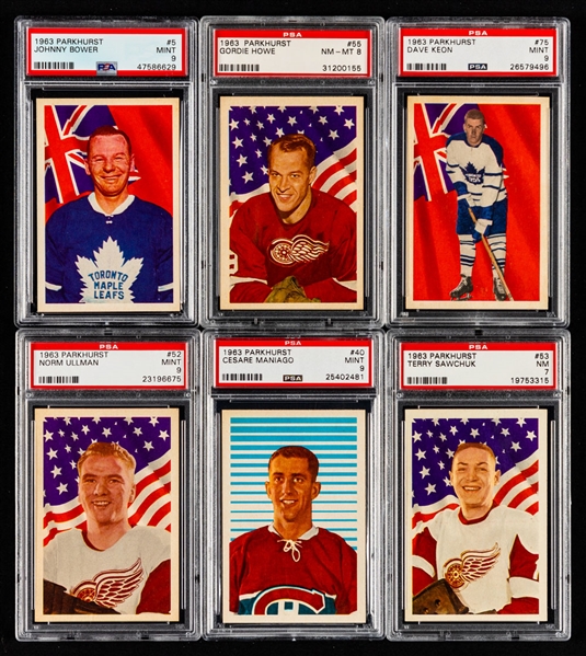 1963-64 Parkhurst Hockey PSA-Graded Starter Set (34/99) Including #53 Sawchuk (NM 7), #55 Howe (NM-MT 8), #75 Keon (MINT 9), #89 Beliveau (NM-MT 8) and #99 Maniago Rookie (NM-MT 8)