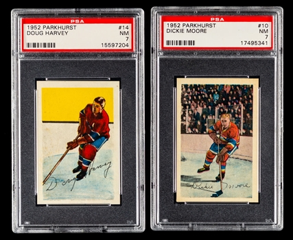 1952-53 Parkhurst Hockey Card #10 HOFer Dickie Moore Rookie (Graded PSA 7) and #14 HOFer Doug Harvey (Graded PSA 7)