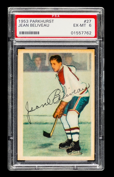 1953-54 Parkhurst Hockey Card #27 HOFer Jean Beliveau Rookie - Graded PSA 6