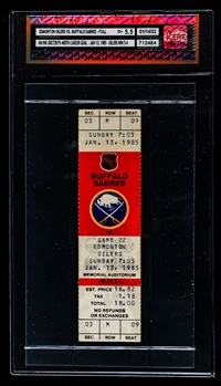 January 13th 1985 Wayne Gretzky "400 Goals" Full Ticket - Edmonton Oilers 5 Buffalo Sabres 4 - iCert Certified and Graded EX+ 5.5