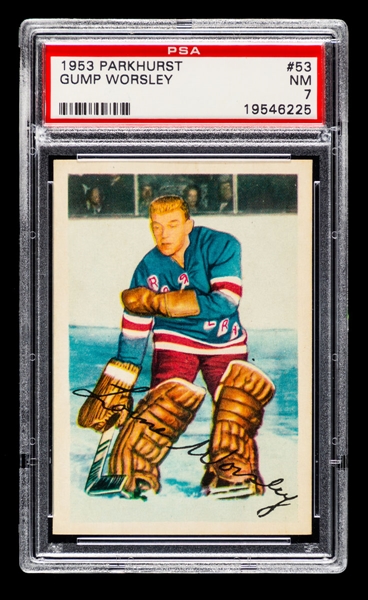 1953-54 Parkhurst Hockey Card #53 HOFer Gump Worsley Rookie - Graded PSA 7