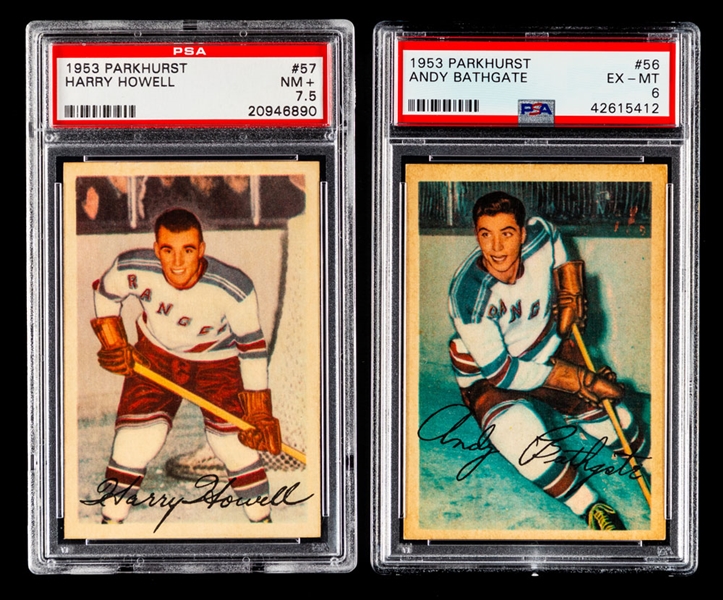 1953-54 Parkhurst Hockey Card #56 HOFer Andy Bathgate Rookie (Graded PSA 6) and #57 HOFer Harry Howell Rookie (Graded PSA 7.5)