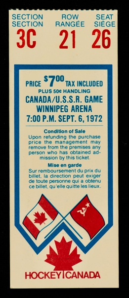 1972 Canada-Russia Series Game 3 Ticket Stub from Winnipeg Arena (Blue Variation)