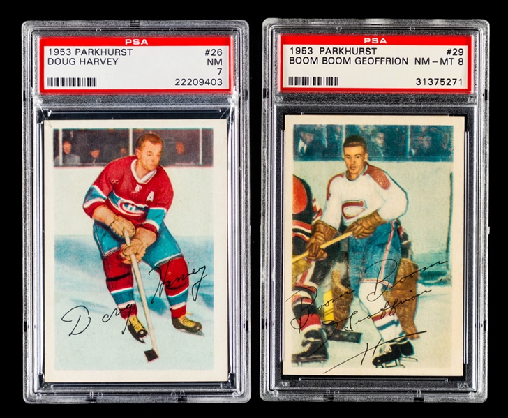 1953-54 Parkhurst Hockey Card #26 HOFer Doug Harvey (Graded PSA 7) and #29 HOFer Bernard Geoffrion (Graded PSA 8)