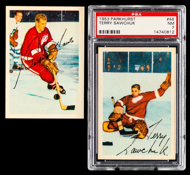 1953-54 Parkhurst Hockey Card #46 HOFer Terry Sawchuk (Graded PSA 7) and #50 HOFer Gordie Howe (EX-MT)