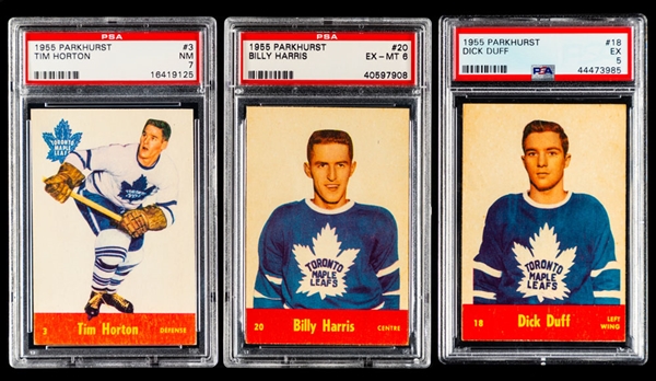 1955-56 Parkhurst Hockey Card #3 HOFer Tim Horton (Graded PSA 7), #18 HOFer Dick Duff Rookie (Graded PSA 5) and #20 Billy Harris Rookie (Graded PSA 6)