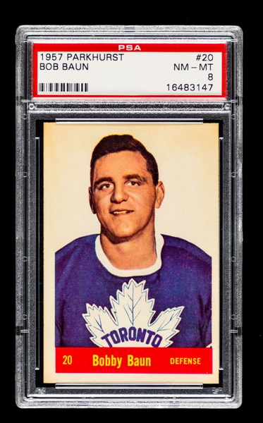 1957-58 Parkhurst Hockey Card #20 Bob Baun Rookie - Graded PSA 8