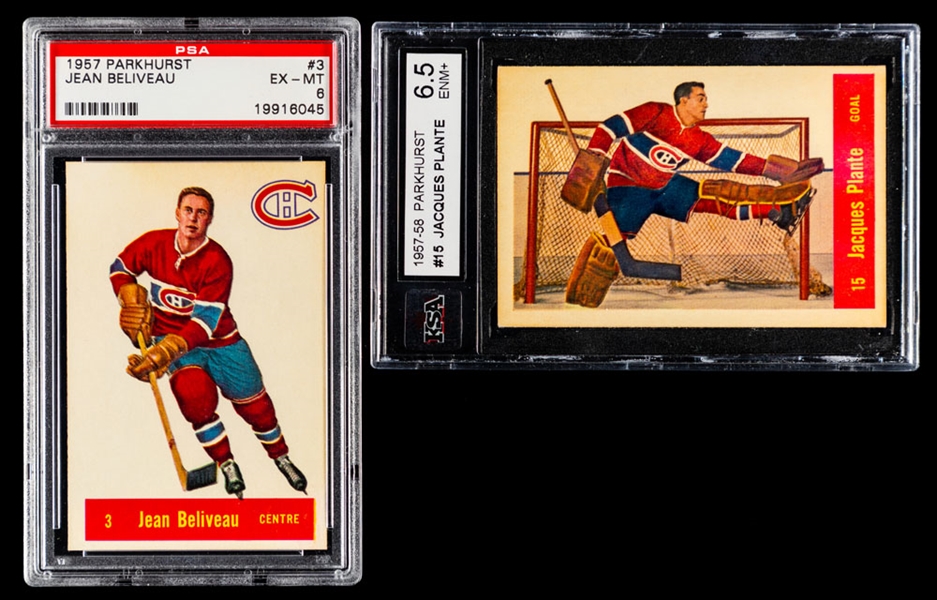 1957-58 Parkhurst Hockey Card #3 HOFer Jean Beliveau (Graded PSA 6) and #15 HOFer Jacques Plante (Graded KSA 6.5)