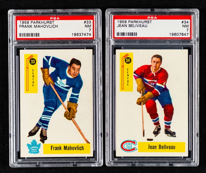 1958-59 Parkhurst Hockey Card #34 HOFer Jean Beliveau (Graded PSA 7) and #33 HOFer Frank Mahovlich (Graded PSA 7)