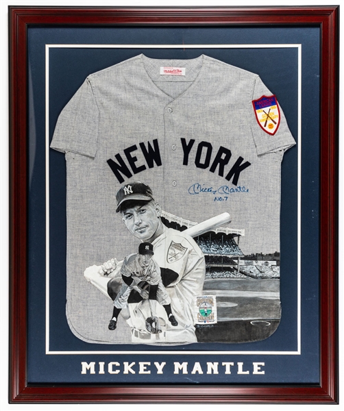 Mickey Mantle Signed New York Yankees Jersey with Hand Painted Artwork by William Zavala Framed Display with JSA LOA (37 ½” x 45 ½”)