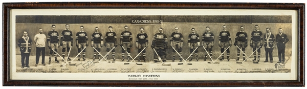 1930-31 Montreal Canadiens Stanley Cup Champions Framed Panoramic Team Photo Signed by Albert Leduc (9 1/2" x 33")