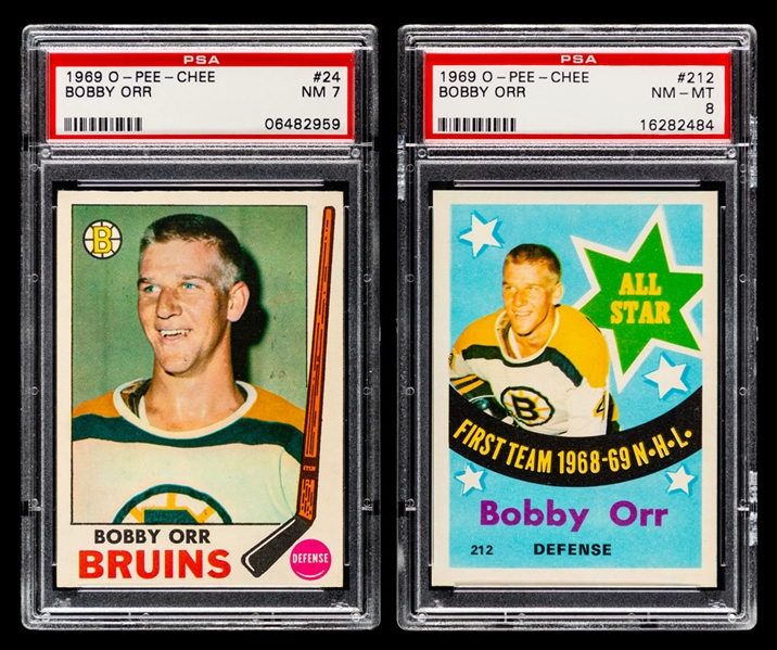 1969-70 O-Pee-Chee Hockey Card #24 HOFer Bobby Orr (Graded PSA 7) and #212 HOFer Bobby Orr First Team All-Star (Graded PSA 8)