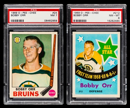 1969-70 O-Pee-Chee Hockey Card #24 HOFer Bobby Orr (Graded PSA 7) and #212 HOFer Bobby Orr First Team All-Star (Graded PSA 8)