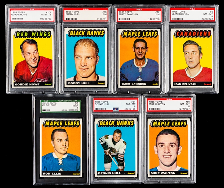 1965-66 Topps Hockey Graded Cards (7) Including #108 HOFer Gordie Howe (Graded PSA 8), #6 HOFer Jean Beliveau (Graded PSA 8) and #59 HOFer Bobby Hull (Graded PSA 7)