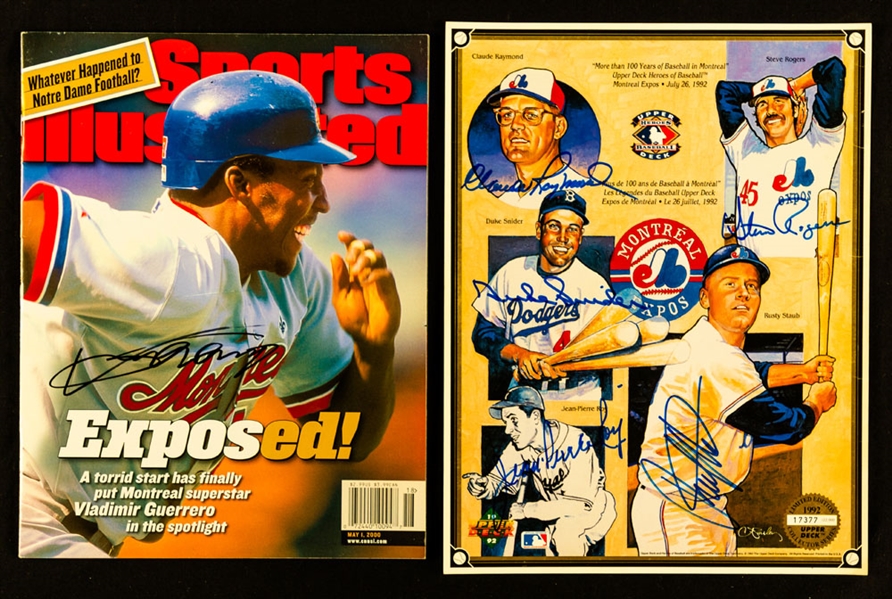 Vladimir Guerrero Signed 2000 Sports Illustrated Magazine Plus Multi-Signed UD Heroes of Baseball Montreal Expos Sheet Including Raymond, Rogers, Snider, Roy and Staub with LOA