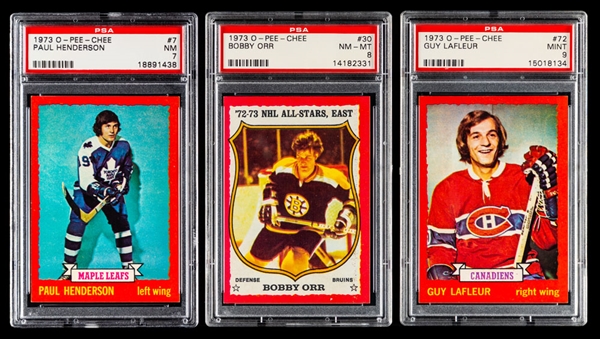 1973-74 O-Pee-Chee Hockey PSA-Graded Cards (3) Including #30 HOFer Bobby Orr (Graded PSA 8) and #72 HOFer Guy Lafleur (Graded PSA 9 - Highest Graded)