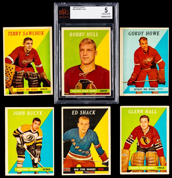 1958-59 Topps Hockey Complete 66-Card Set Including #66 HOFer Bobby Hull Rookie - Graded BVG 5