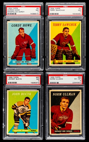 1958-59 Topps Hockey PSA-Graded Cards (4) Including #8 HOFer Gordie Howe (NM 7) and #2 HOFer Terry Sawchuk (NM 7) 