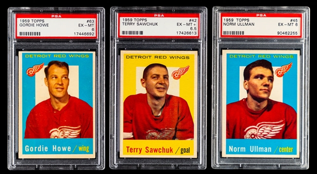 1959-60 Topps Hockey PSA-Graded Cards (3) Including #63 HOFer Gordie Howe (EX-MT 6) and #42 HOFer Terry Sawchuk (EX-MT+ 6.5) 