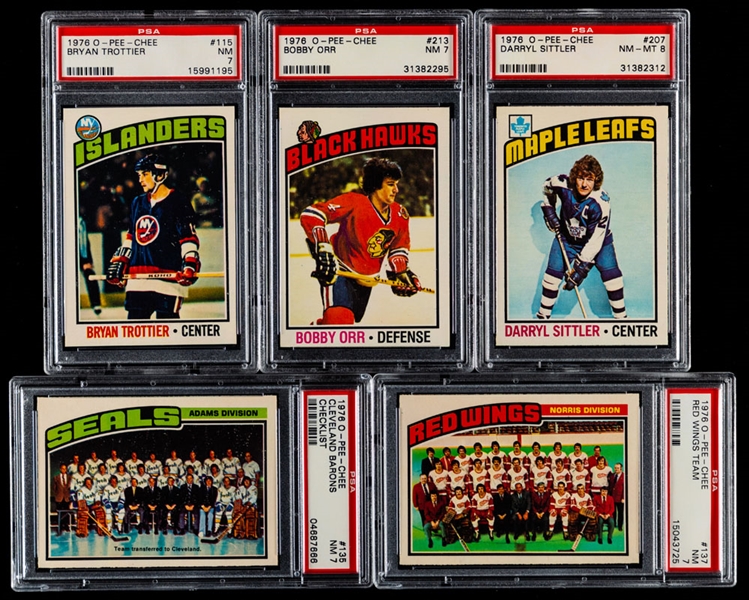 1976-77 O-Pee-Chee Hockey Complete 396-Card Set with PSA-Graded Cards (5) Including #115 HOFer Bryan Trottier Rookie (NM 7) and #213 HOFer Bobby Orr (NM 7)- Extra #115 Trottier RC Also Included