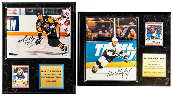 Wayne Gretzky (Los Angeles Kings) and Mario Lemieux (Pittsburgh Penguins) Signed Framed Photos Displays - Both JSA Certified