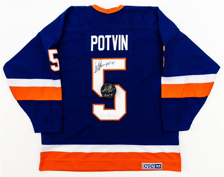 Denis Potvin Signed New York Islanders Captains Jersey with HOF 91 Annotation Plus Signed Puck - Both JSA Certified