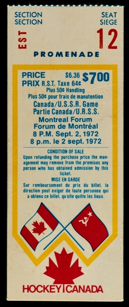 1972 Canada-Russia Series Game 1 Ticket Stub from Montreal Forum
