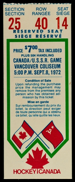 1972 Canada-Russia Series Game 4 Ticket Stub from Vancouver Coliseum
