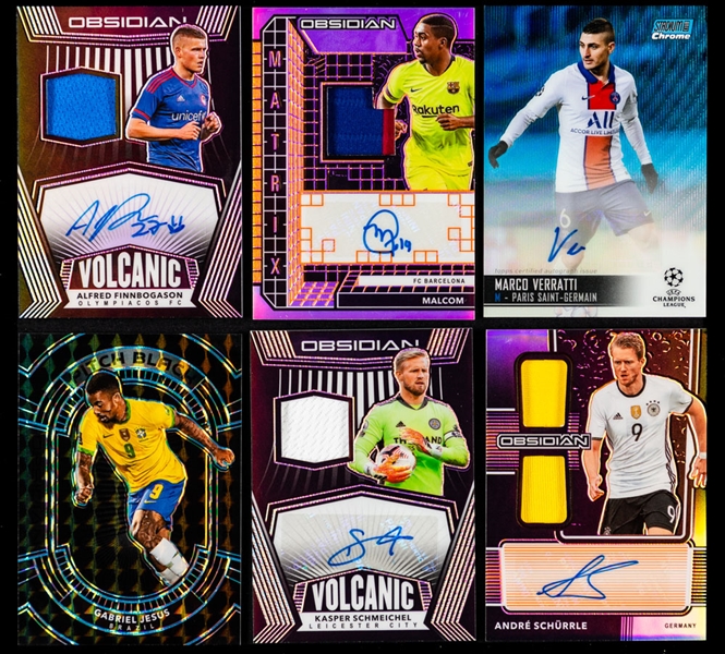 2020-21 Panini, Topps and Upper Deck Soccer Cards (13) Including 2020-21 UEFA Chrome Autograph Card #CA-MV Marco Verratti (46/75) and 2020-21 Panini Obsidian Blue Finite Card #3 Gabriel Jesus (1/1)