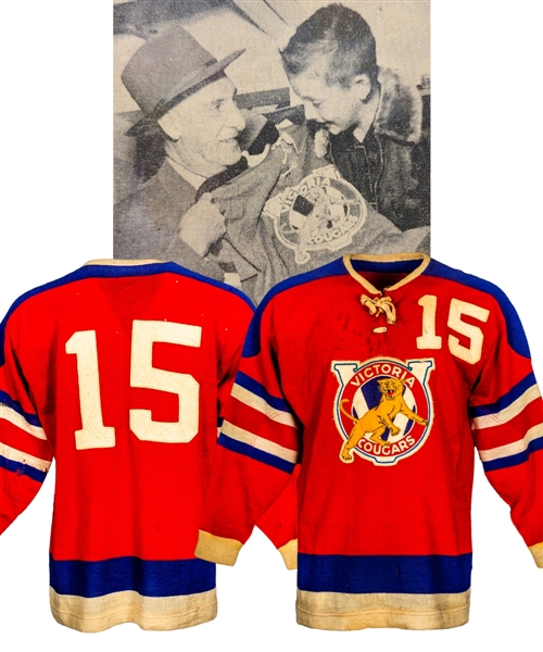 Joe Evans 1952-53 WHL Victoria Cougars Game-Worn Wool Jersey from Family - Team Repairs! - First-Year Style Jersey!