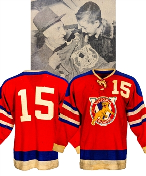 Joe Evans 1952-53 WHL Victoria Cougars Game-Worn Wool Jersey from Family - Team Repairs! - First-Year Style Jersey!