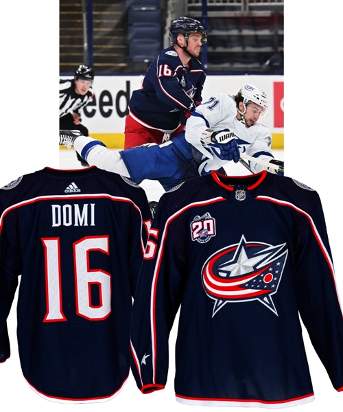 Max Domis 2020-21 Columbus Blue Jackets Game-Worn Jersey with LOA - 20th Patch! - Photo-Matched!