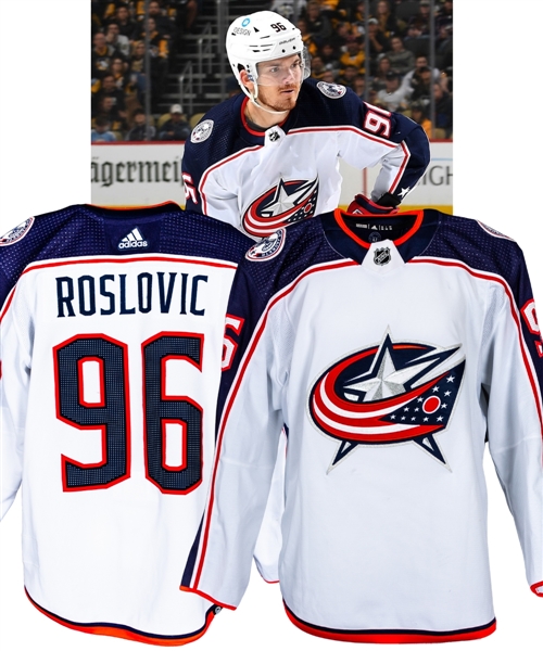 Jack Roslovics 2021-22 Columbus Blue Jackets Game-Worn Jersey with LOA - Photo-Matched!