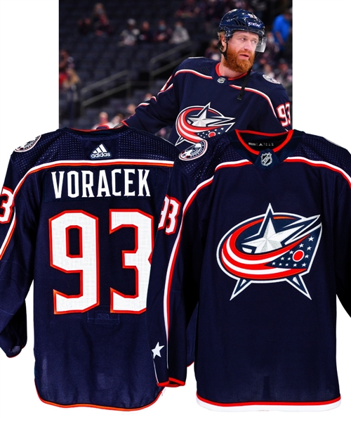 Jakub Voraceks 2021-22 Columbus Blue Jackets Game-Worn Jersey with LOA