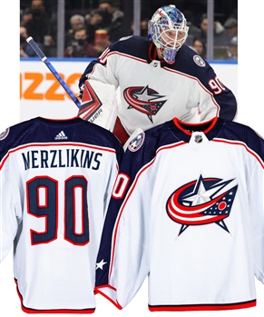 Elvis Merzlikins 2021-22 Columbus Blue Jackets Game-Worn Jersey with LOA - Photo-Matched!