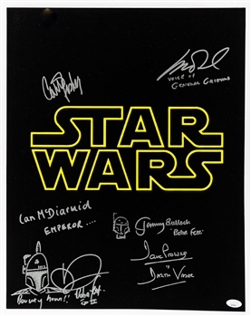 Star Wars Cast Multi-Signed Photo by 6 Including Carrie Fisher, Matthew Wood, Ian McDiarmid, Jeremy Bulloch, David Prowse and Daniel Logan with JSA LOA (16” x 20”)