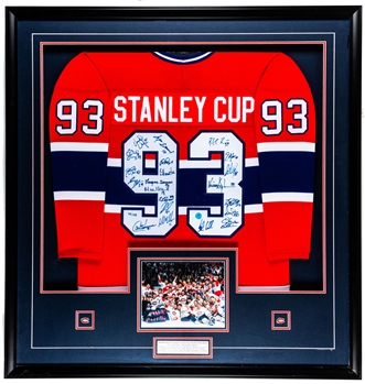 Montreal Canadiens 1992-93 Stanley Cup Champions Team-Signed Jersey Framed Display by 21 Including Roy, Carbonneau, Damphousse, Muller and Others with JSA LOA (41” x 43”)