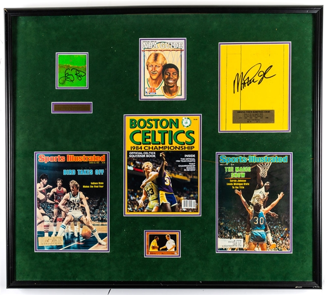 Larry Bird and Magic Johnson Dual-Signed Gardens and Forum Basketball Courts Pieces Framed Display with JSA LOA (34 ¾” x 30 ¾”)