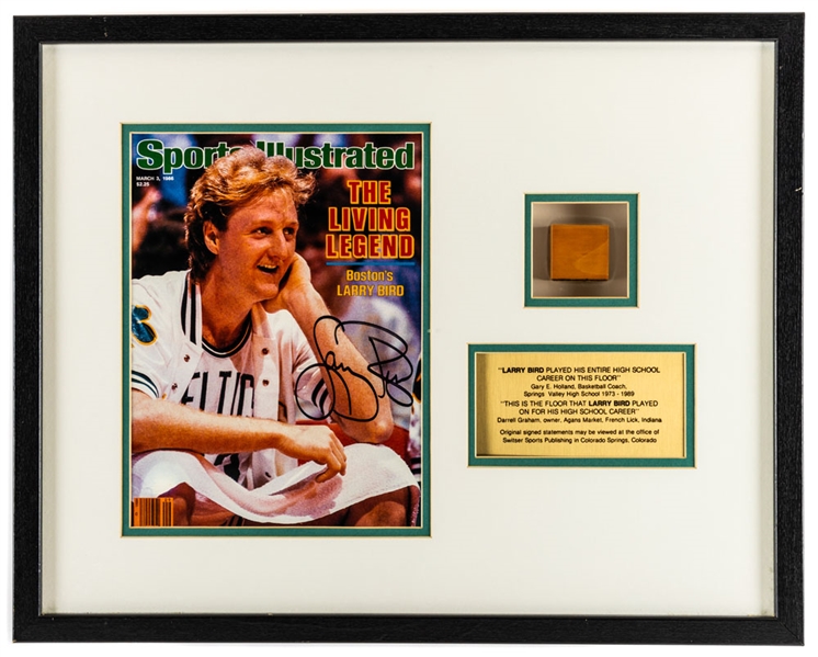 Larry Bird Signed Boston Celtics Sports Illustrated Cover with High School Basketball Court Floor Piece Framed Display with JSA LOA (20 ¾” x 16 ¾”)