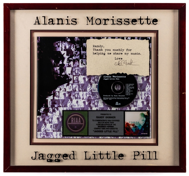 Canadian-American Musician/Singer/Songwriter Alanis Morissette Signed RIAA Jagged Little Pill Award and Album Cover (Both JSA Certified) Plus UK 900,000 Copies Award