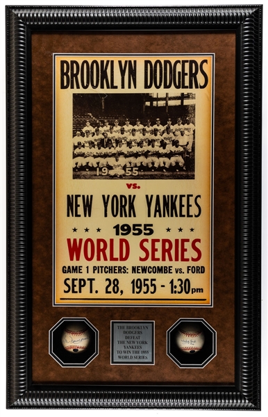 Don Newcombe and Whitey Ford Single-Signed Baseballs 1955 World Series Framed Display with JSA LOA (22 ¼” x 35 ¼”) 